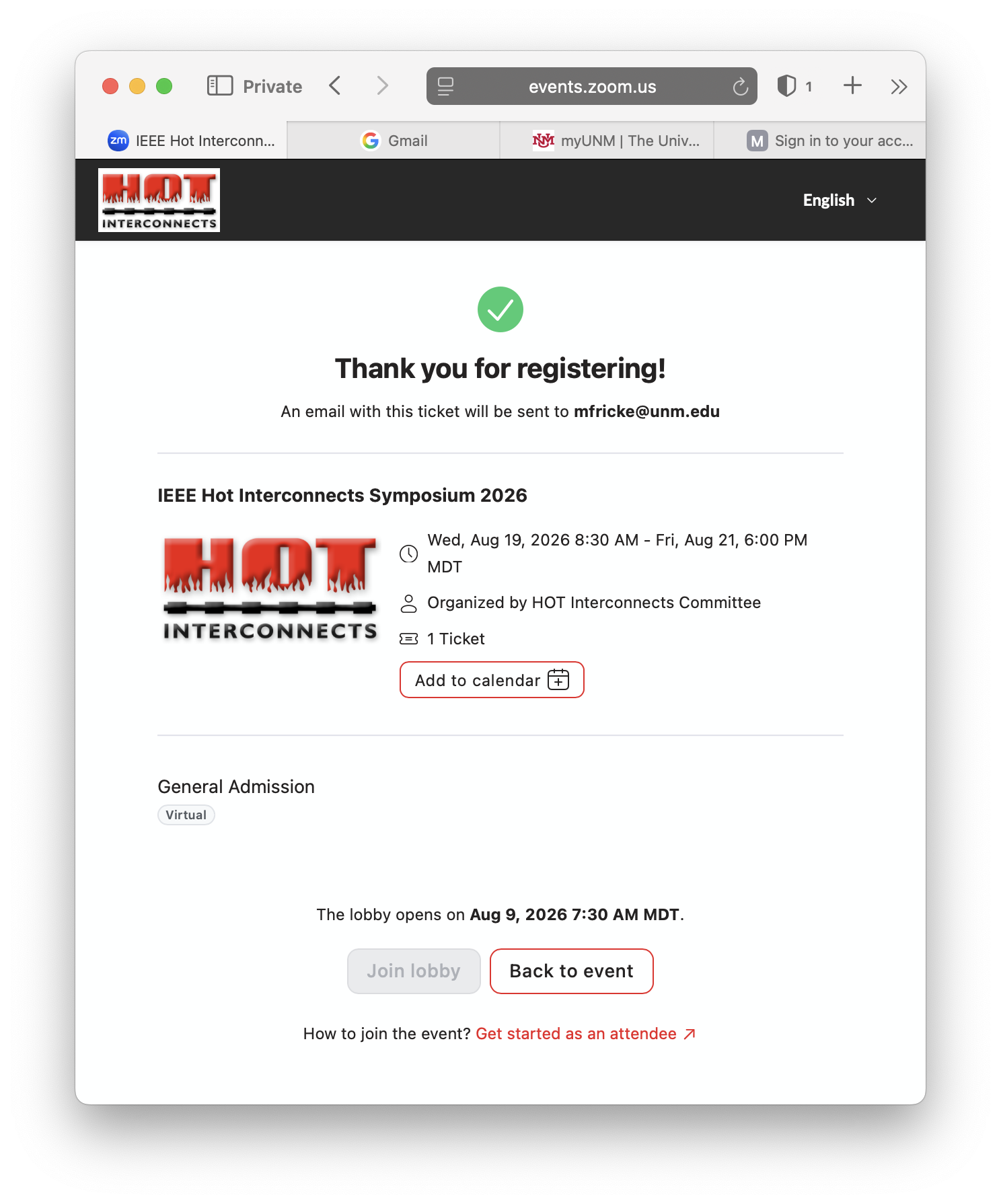 Registration confirmation screen with calendar link