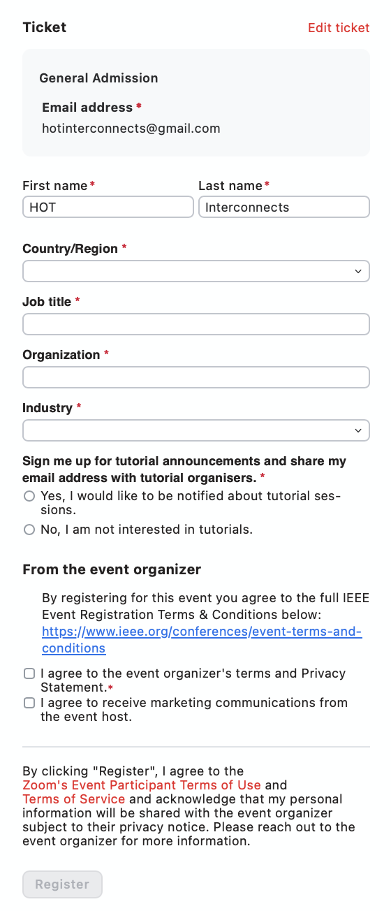 Registration form with send code button
