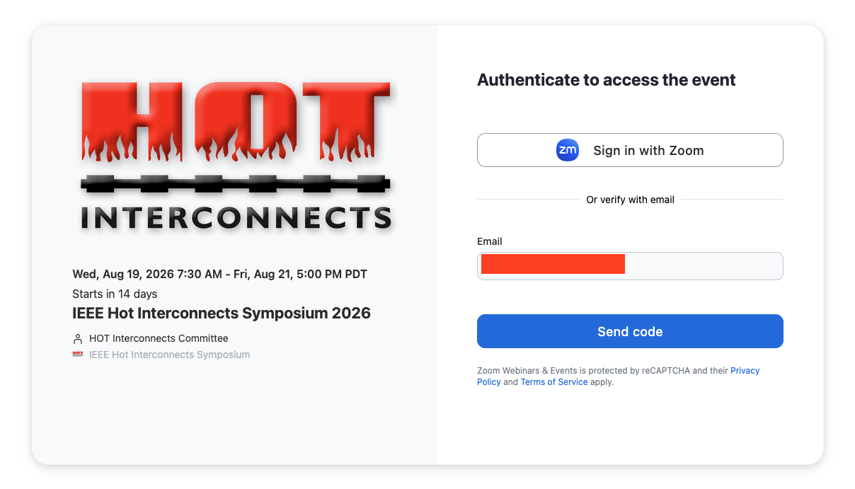 Authenticate to access the event: sign in with Zoom, or verify with the email address that received the invitation